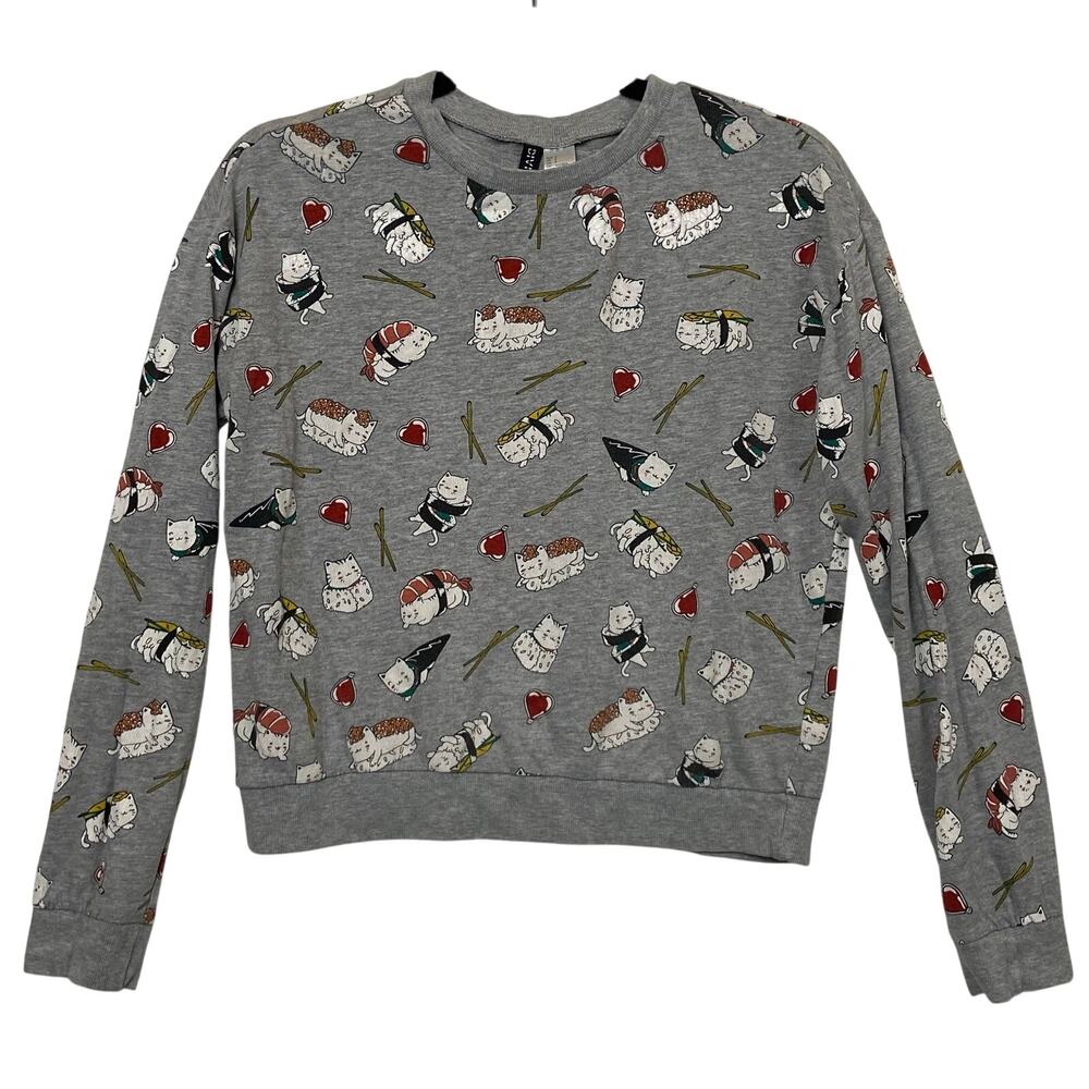 H&M Sushi Cat Gray Lightweight Pullover Crewneck Sweater Size Small